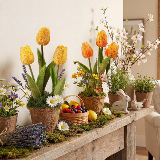 Craftsatin Spring Artificial Tulip Potted Plants Set of 2, 10.2 Inch Vintage Faux Yellow Tulips in Rustic Pot, Spring Table Centerpiece Arrangement for Desk Shelf Kitchen Dining Room Home Decor