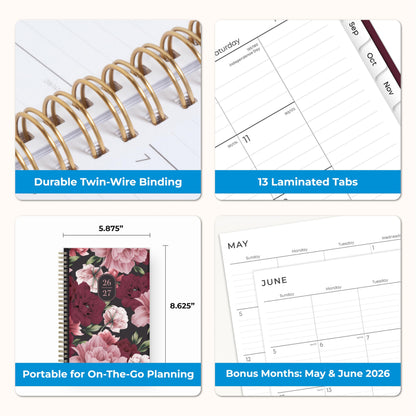 Blue Sky 2026-2027 Weekly and Monthly Academic Year Planner Calendar, July 2026 - June 2027, 5.875" x 8.625", Flexible Pocket Cover, Wirebound, Laminated Tabs, Includes Extra 30 Sheets of Notes, Dark Peonies