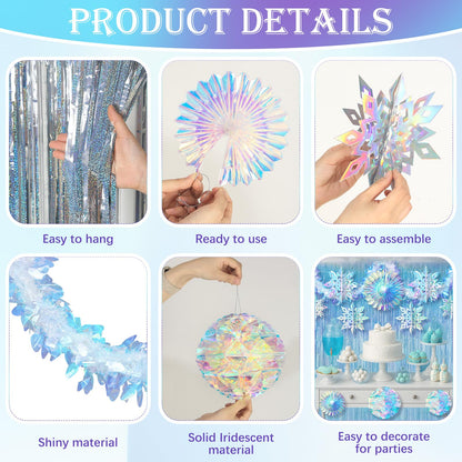 Soulchen 14 Pcs Winter Wonderland Snowflake Party Decorations Baby Shower Party Ornament with 6ft Backdrop Snowflake Hanging Honeycomb Fan and Garland for Baby Its Cold Outside Decor