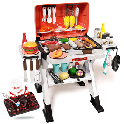 STACTCUTE Kids BBQ Grill Playset with Realistic Steam, Sound & Lights - 60Pcs Pretend Play Kitchen Food Toy for Toddlers Boys Girls for 3-5+ - Sturdy Double-Layer Outdoor Backyard Cooking Set Gift