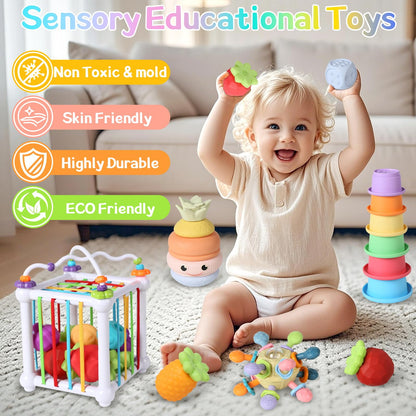 6-in-1 Montessori Baby Toys for 6-12-18 Months, Fun Infant Toys with Shape Sorter Sensory Bin, Stacking Rings, Bath Toys,Soft Fruit, Learning Developmental Toys Gifts for 1 2 3 Year Old Boys Girls