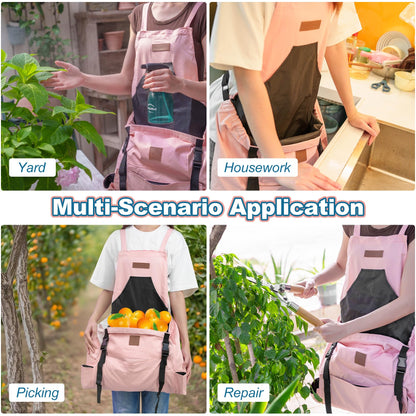 Berry&Bird Harvest Apron, Canvas Gardening Apron with Pockets and Harvesting Pouch Waterproof Harvesting Apron (Pink)