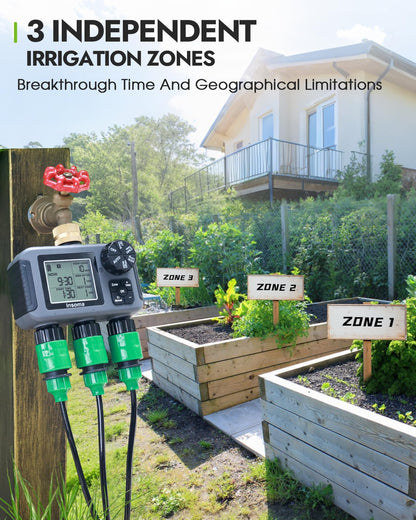 Insoma 3-Zone Sprinkler Timer with Brass Inlet + IPX5 Waterproof | Programmable Auto/Manual Irrigation Mode with Rain Delay & Large LCD | Water Hose Timer 3 Outlets for Garden, Lawn, Yard, Pool