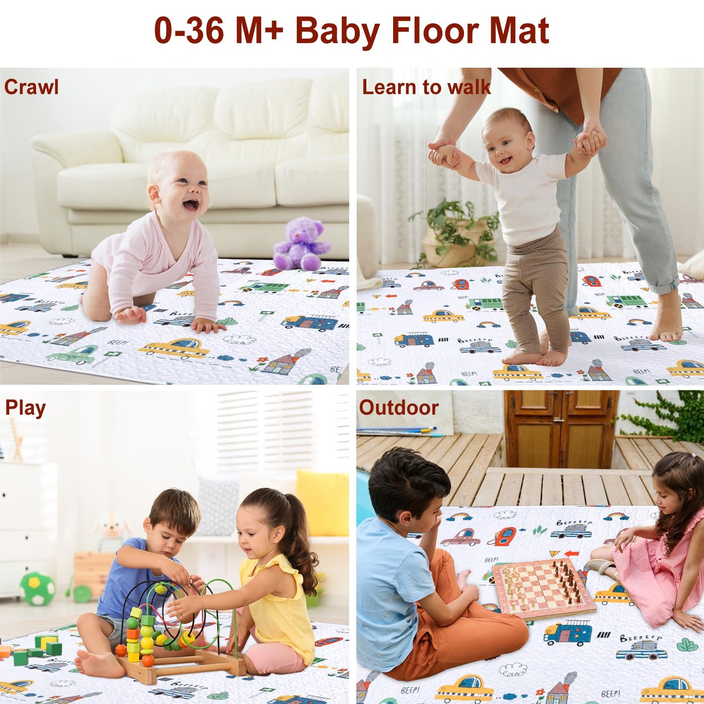 MIIMER Washable Baby Play Mat for Babies 63x43” Portable, Foldable Toddler Playpen Non-Slip Baby Tummy Time Mat, Soft Floor Play for Infants Extra Large Crawling Mats Car