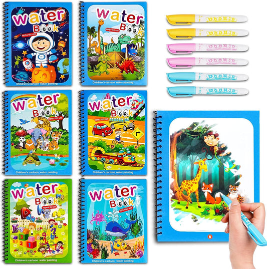 Water Coloring Books for Toddlers, Water Painting Book with Water Pen, Mess-Free Coloring Book, Reusable Portable Educational Toys, for Toddlers & Kids Ages 3+ (6 Pack)