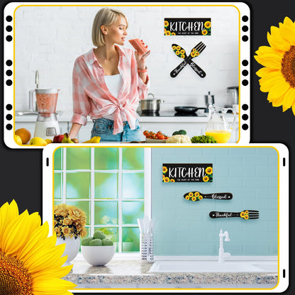 Yerliker 3 Pieces Sunflower Kitchen Decor Hello Summer Blessed Thankful Wooden Hanging Eat Signs Fork and Spoon Summer Farmhouse Wall Art Decor for Kitchen Home (Black, 13.78 x 5.12 Inch)