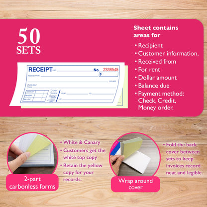 BAZIC Products Receipts Book, Money Cash Rent Receipts for Landlords, Business & Offices, 2-Part Carbonless Forms, 50 Sets 7 1/2" x 2 3/4", White with Bound Wraparound Cover, (50 Sets/Pack), 24-Packs