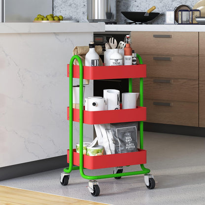 Elitehouse Metal Rolling Cart,3-Tier Metal Rolling Cart with Wheels,3 Tier Utility Cart with Wheels for Office,Home,Kitchen,Garden（13.4"x18.1"x31"） Red+Green