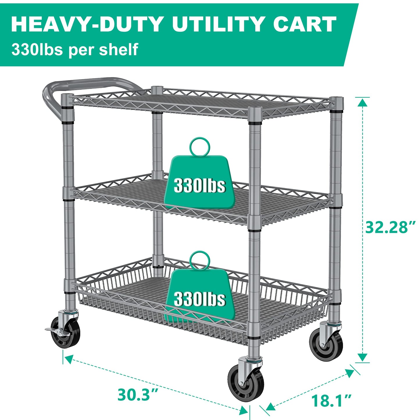 Folews Heavy Duty Rolling Cart with Wheels for Kitchen & Garage, 990LBS 3-Tier Metal Utility Cart, NSF Adjustable Shelves & Basket, Lockable Casters, Commercial Storage Trolley, Gray