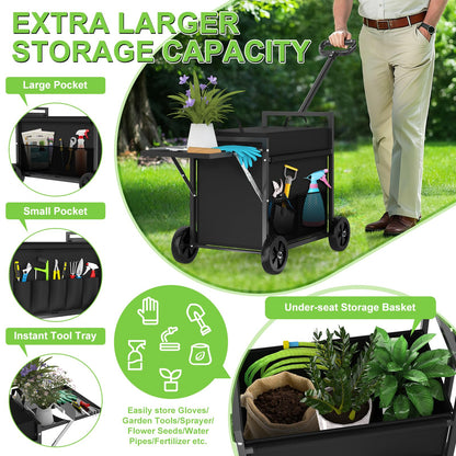 Garden Seat with Wheels, Garden Cart with Seat, 400 lbs Garden Rolling Stools with Wheels for Seniors, Rolling Utility Cart with Large Storage, Foldable Side Trays, for Patio, Lawn, Backyard Gardening
