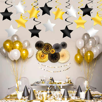 KatchOn, Black Gold and Silver Star Hanging Swirls- Pack of 30, No DIY | Star Ceiling Decorations for Birthday Decorations | Hanging Star Swirls for Graduation Decorations 2026, Bachelorette Party