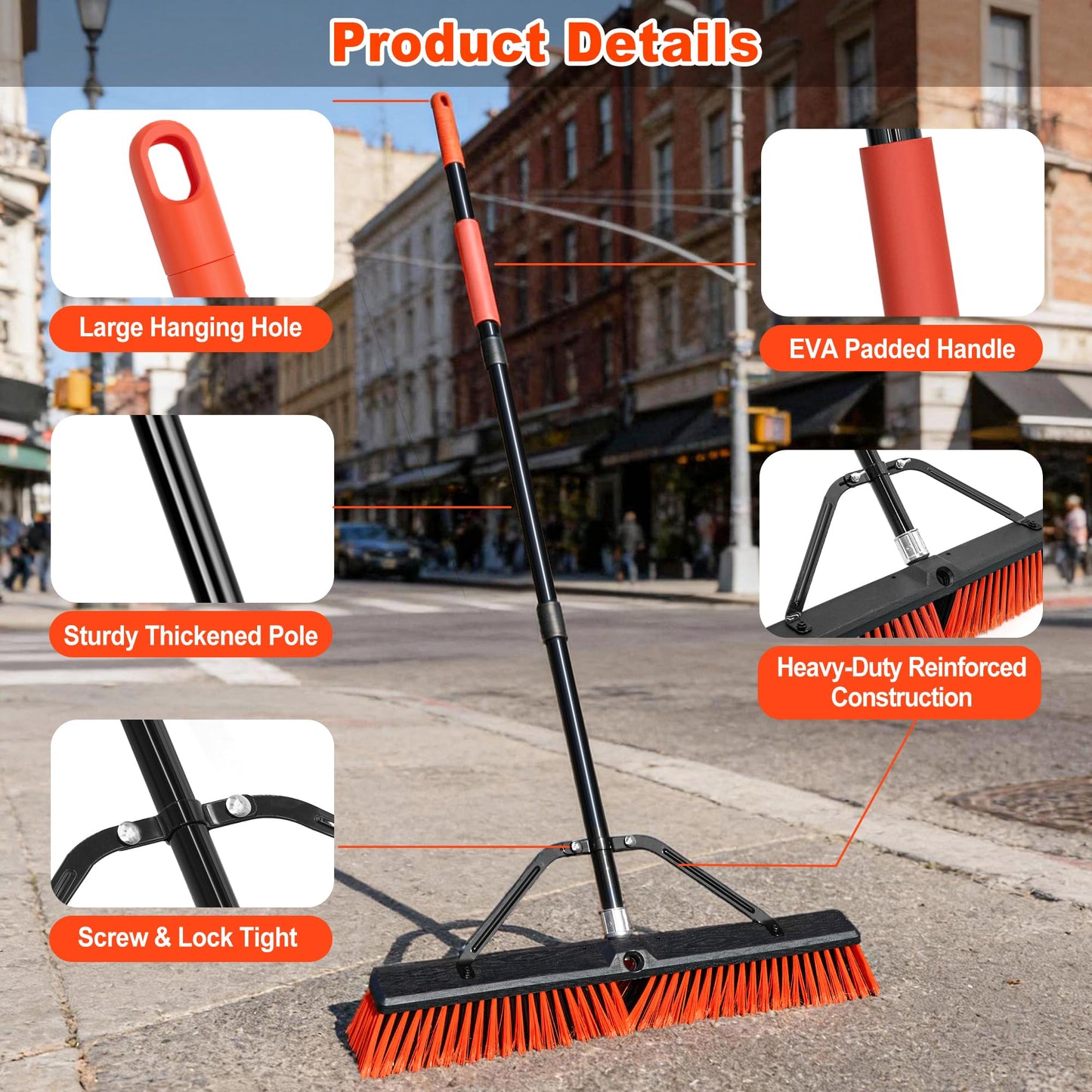 JEHONN 24” Wide Push Broom Outdoor Heavy Duty with 63 inches Long Handle, Stiff Bristle Commercial Industrial Brush for Garage Warehouse Shop Garden Patio Deck Yard Street (Red)
