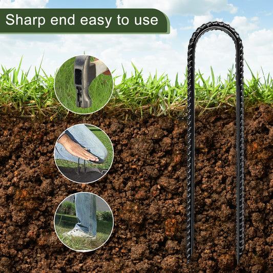 Garden Ground Stakes, Galvanized Steel Rebar Stakes U Shape, Heavy Duty Ground Anchors for Yard, Tent, Fence, Landscape, Decorations, Trampolines (8 Inch)