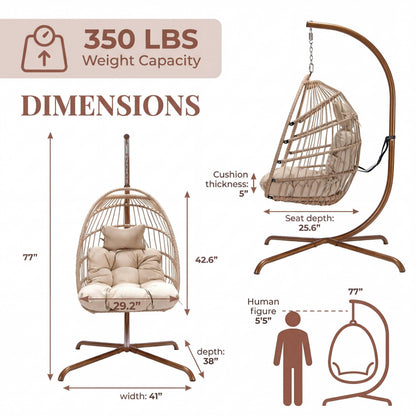 NICESOUL Hanging Egg Chair with Stand Indoor Outdoor, Comfy Patio Rattan Swing Hammock Chairs with Cushion, 350lbs Capacity Egg Shaped Chair for Lawn Backyard Balcony Bedroom, Birthday Gift, Beige