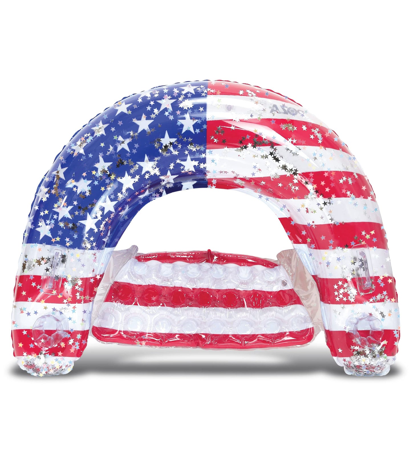 POZA Inflatable USA Flag Pool Float Chair - Luxurious Lounger Filled with Sparkle Silver Confetti, 2 Built in Cup Holders and Handles, Water Floating Chair for Beach, Lake, Swimming Pool - 48x38 Inch