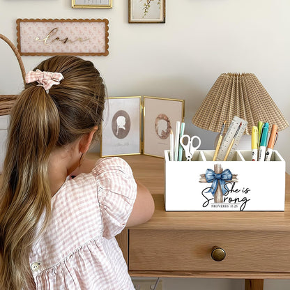 LIANGW Christian Pen Holder, Christian Gifts for Women Pencil Holder for Desk, Proverbs 31 Woman Gifts, Preppy Bow Bible Verse Wooden Box Sign Decorations for Girly Room Bedroom Dorm Desk Tabletop