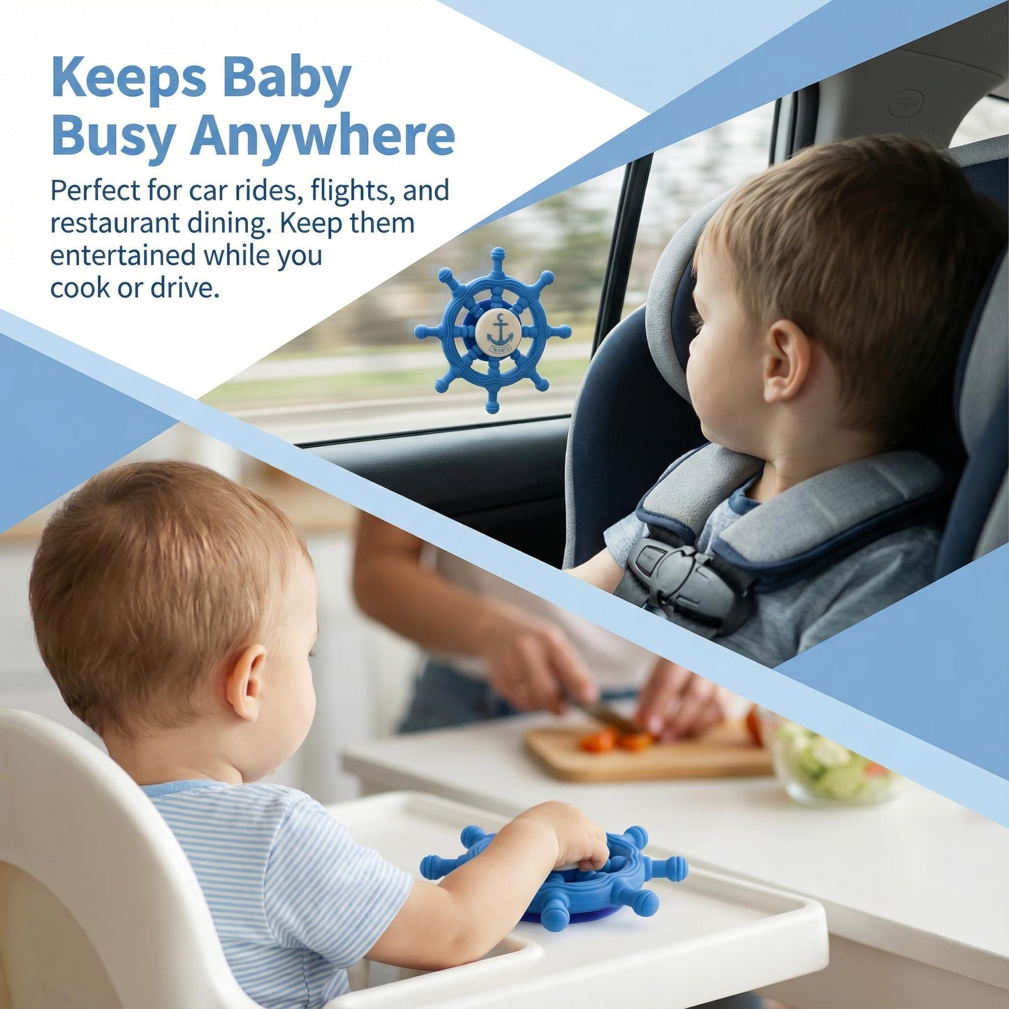 Baby Suction Spinner Toys for Bathtub, Silicone Toddler Bath & High Chair Toys for 1 Year Old Boy/Girl Birthday Gift, Interactive Ship Steering Wheel InfantToy for Car Window Travel-Blue