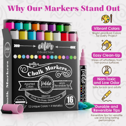 Loddie Doddie Chalk Markers - Pack of 16, Reversible 6mm Tips - Vibrant Chalkboard Designs with Chalkboard Markers - Easy Erase on Glass & Whiteboards with Dry Erase Pen