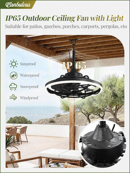 Fanbulous Outdoor Ceiling Fans with Light for Patios, 20" Weatherproof Plug in Ceiling Fan, Gazebo Fan Remote&APP Control, 3CCT Dimmable,Caged Ceiling Fan with Hanging Hook for Porch, Pergola,Canopy