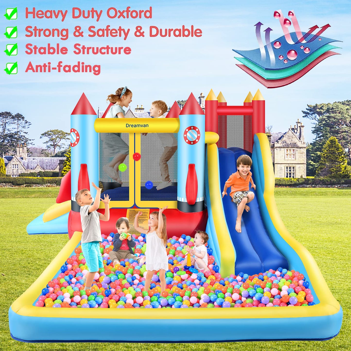 Inflatable Bounce House for Kids 146 x 132 x 82 inch, Indoor/Outdoor Bouncy House with Large Splashing Pool, Bouncing Area, 2 Water Slides,Climbing Wall, UL Certified Blower Included1
