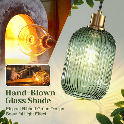 2 Pack Pendant Lights with Vintage Green Ribbed Glass Lampshade, Adjustable Brushed Gold Pendant Lights Fixtures for Kitchen Island Lighting Sink, Dining & Living Room Hallway (Bulbs Not Included)