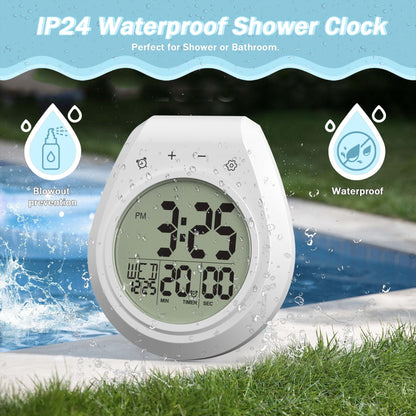 Yariaii Shower Clock with Timer Waterproof, Digital Bathroom Clock with Countdown, Temperature, Date, Week, Second, Suction Cup, Wall Hanging, for Mirror, Pool, Bath, Kitchen, Battery Operated, White