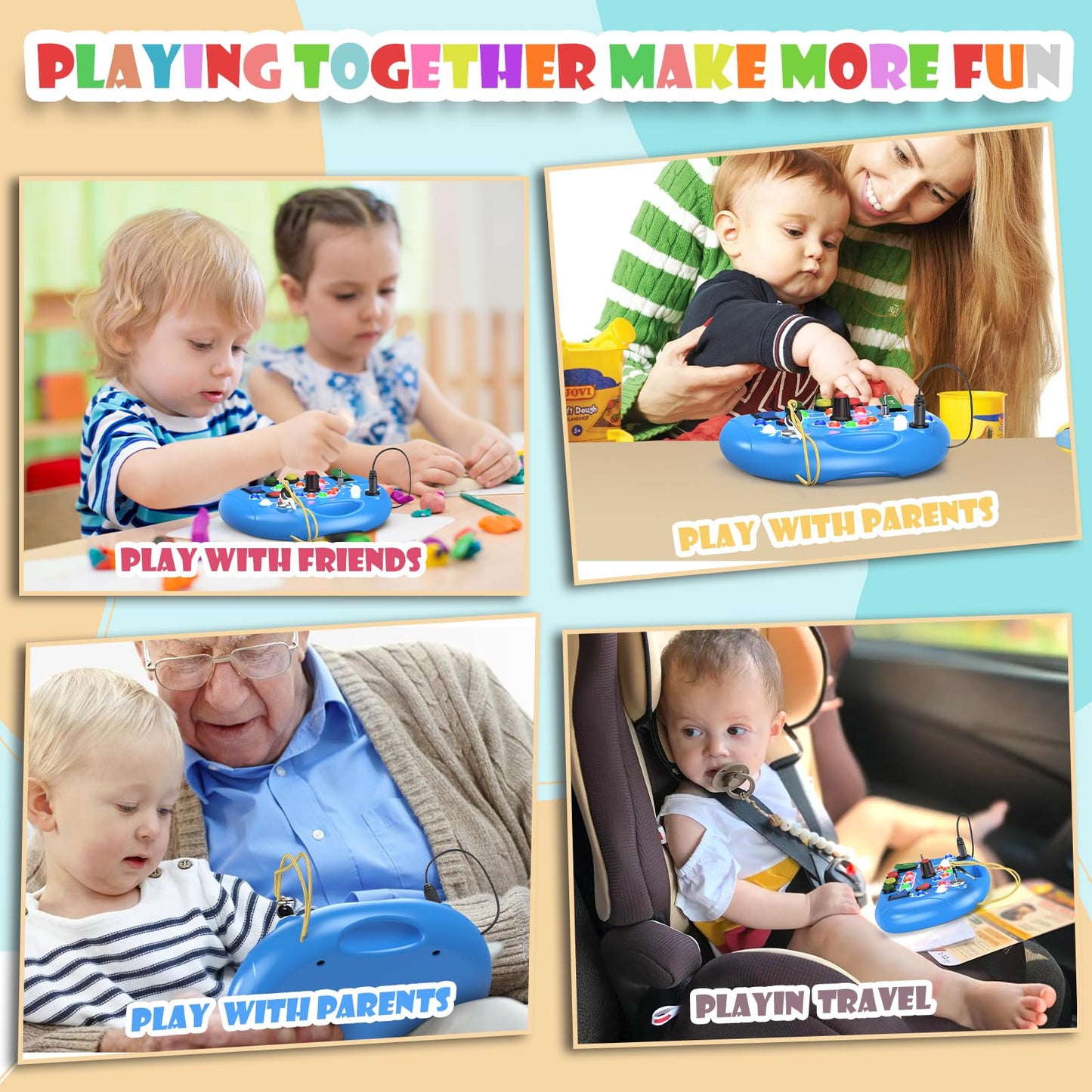 JIWORT Busy Board with LED Light, Montessori Busy Board for 1+ Year Old, Sensory Toys with Sound and Switches, Fidget Board for Kids Electronic Early Development Toys Boys Birthday (Blue)