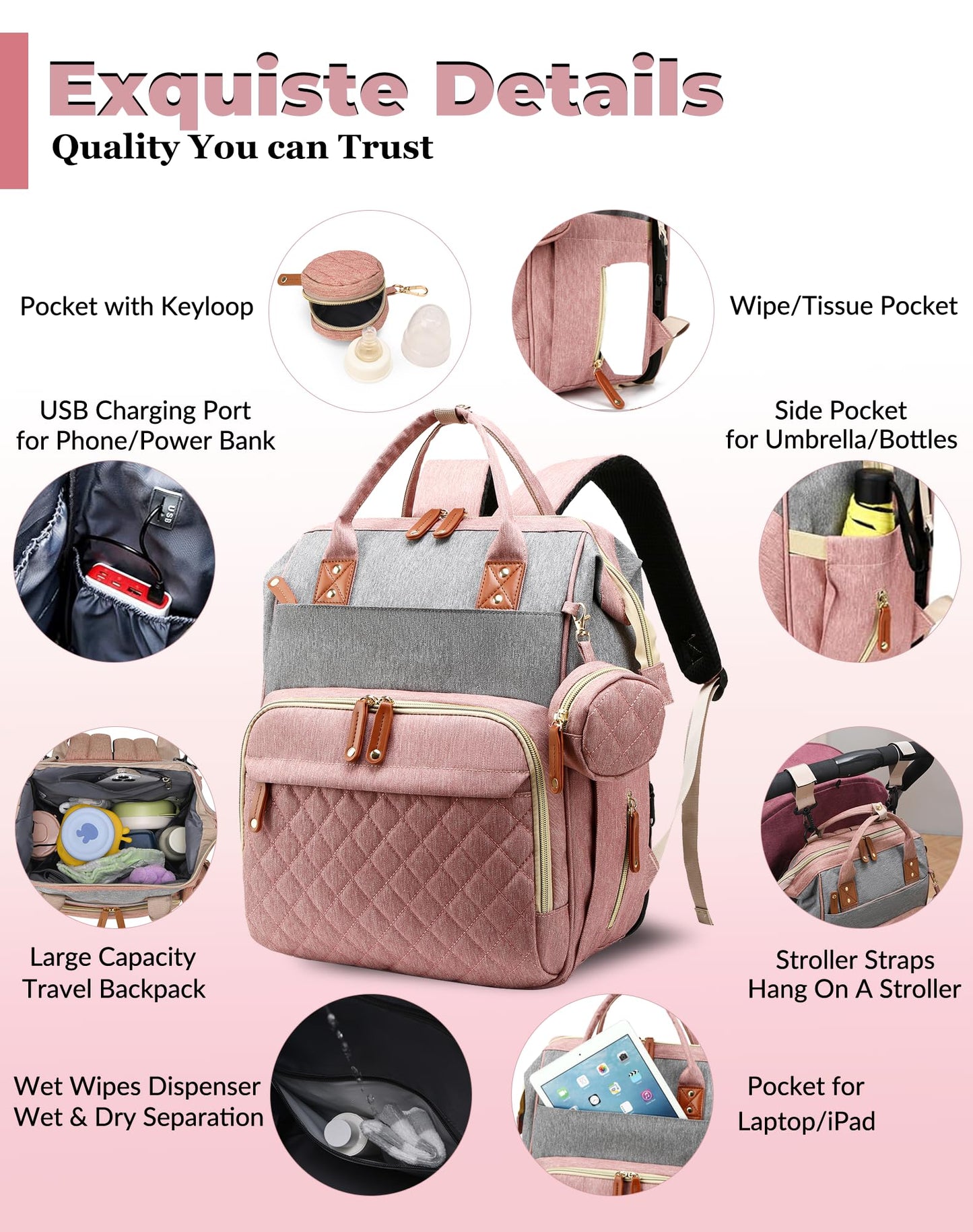 Lamroro Diaper Bag Backpack with Changing Station, Waterproof Large Capacity, Baby Bag for Mom & Dad, 18 Pockets+USB Port, Foldable Changing Pad, Travel Backpack for Newborn Essentials, Baby Gift