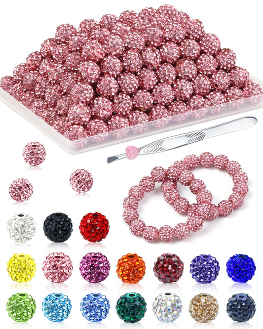 120PCS FIVEIZERO Rhinestone Beads for Jewelry Making, 10mm Dark Pink Shiny Round Sparkle Crystal Clay Beads Bulk Sparkly Baseball Necklace Bead for Bracelets and DIY Crafts