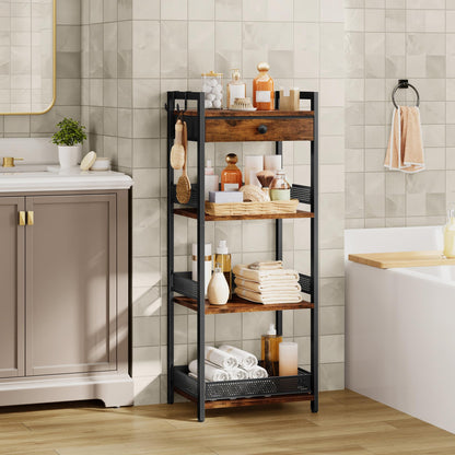 FAVOOSTY 4 Tier Ladder Shelf Stand, Bookshelf with Drawer Storage, Decorative Display Shelves Wood & Metal, Plant Shelf, Standing Shelf Unit for Living Room Bedroom Office Kitchen, Rustic Brown