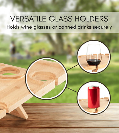 Outdoor Wine Picnic Table, Wooden Folding Picnic Table with Glass Holder, Bamboo Wine Glass Snack Tray for Indoor & Outdoor Use, Includes Picnic Mat & Tote Bag