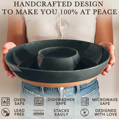 Mora Ceramic Chips and Dip Serving Tray: Large Divided Party Bowl Set for Chips & Salsa, Veggies & Dip, Fruit, Snacks, Entertaining, Hosting, etc. Minimalist Design for the Modern Hostess - Charcoal