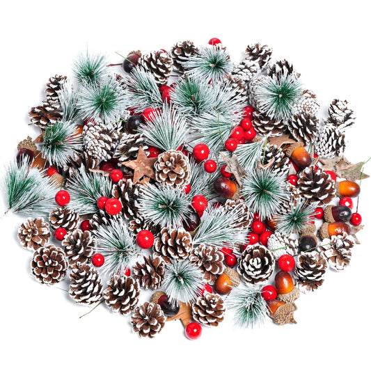cnomg 216pcs Artificial Pine Cones Pine Branch Set, Fake Natural Pinecones Acorns Red Berries Christmas Decor Ornaments for Home Winter Decorations (216, Multicolor)