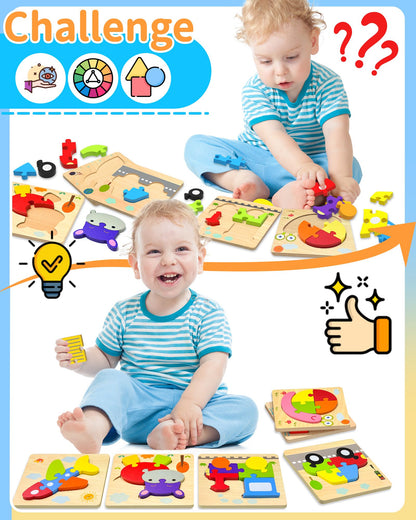 Wooden Puzzles Toddler Toys for Boys Girls, 12 Vehicle Shape Learning Educational Blocks Birthday Gifts Sensory Toy Montessori Toys