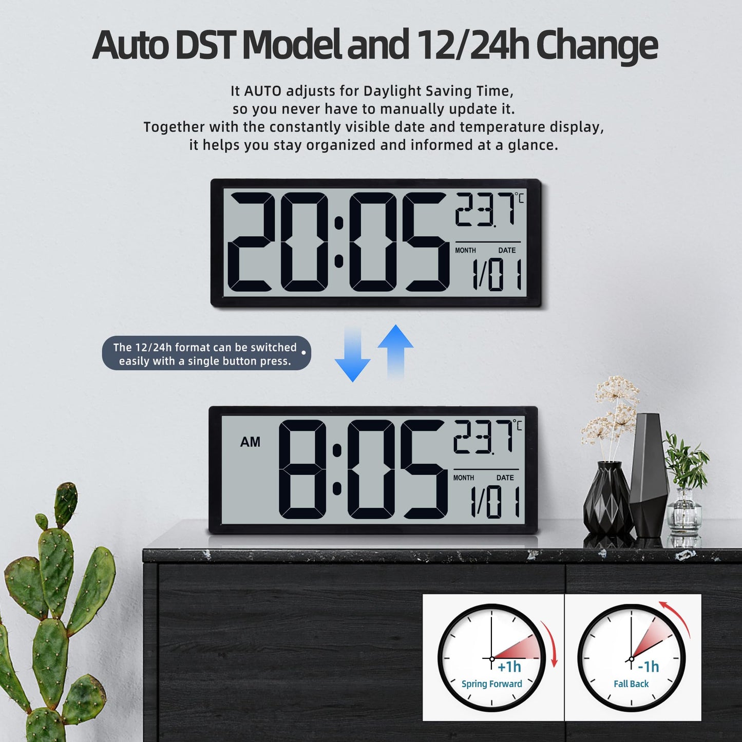 Henescribe 16" Large Digital Wall Clock Battery Operated with Big Display Numbers, Temperature and Date, Auto DST and Alarm, for Office, Classroom, Gym, Bedroom, Living Room
