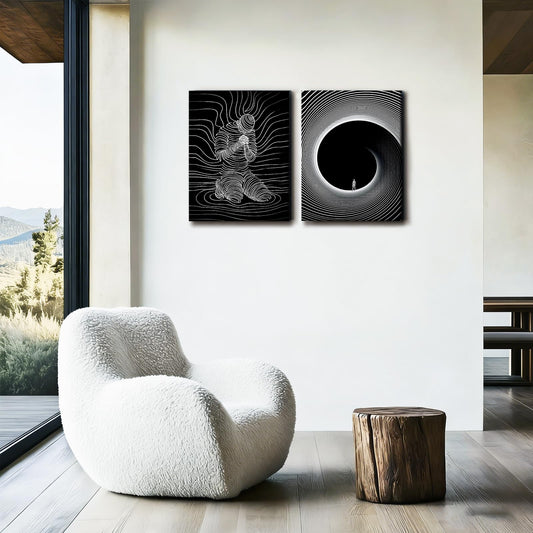 AUUAUU 2 Pcs Abstract Line Art Wall Art Black and White Modern Canvas Painting Minimalist Mental Health Wall Decor Surreal Human Figure Tunnel Art Prints for Living Room Bedroom 12x16 Inches