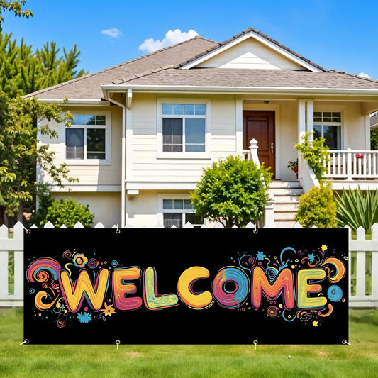 Welcome 98 x 35 Inch Fence Banner for Outdoor Decor, Colorful Welcome Sign Privacy Screen with Vibrant Letter Print, Waterproof Garden Fence Decoration for Backyard, Patio, Lawn, Party & Event Entrance