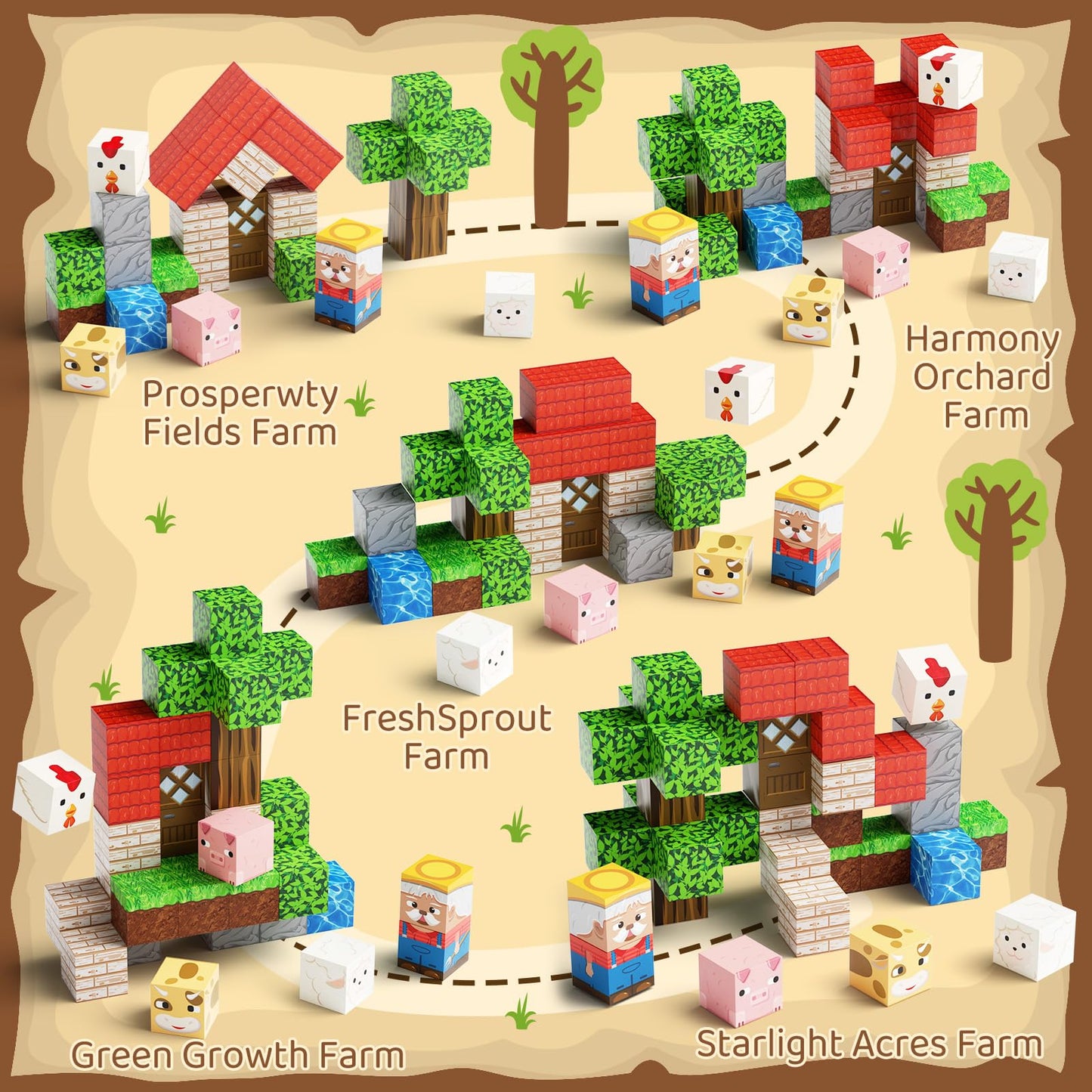 hunloot Mini Magnetic Blocks Farm Animals Travel Toys, 35PCS Portable STEM Magnetic Building Cubes with Metal Storage Box for Kids Ages 4-8, Road Trip & Airplane Essentials