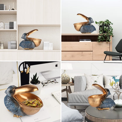 PlivBloom Pelican Key Holder Statues,Fun Animal Hippo Candy Dish,Candy Dish for Office Desk Unique,Modern Key Holder for Pelican Figurine,Suitability Desk candy bowl and Entry Table Decor Items(Gold1)