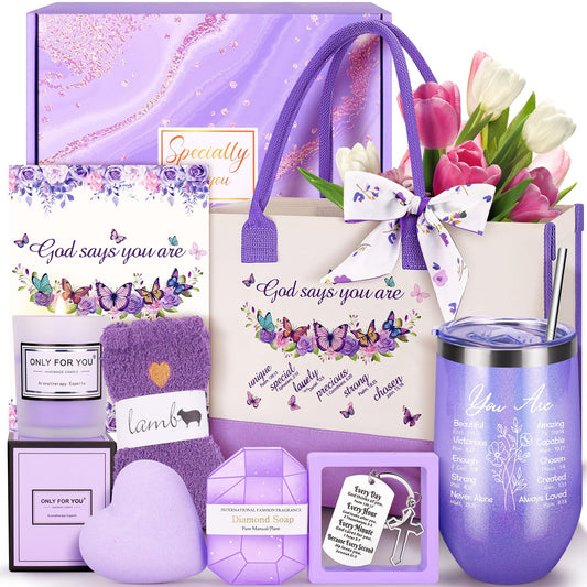 13PCS Christian Gifts for Women Faith, Purple Inspirational Gifts for Women,Christian Birthday Baskets,Get Well Soon Baskets for Her Mom,Friends,Sister,Wife,Girlfriends Birthday Gifts
