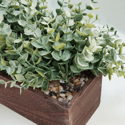 Winlyn 14" Artificial Eucalyptus in Rectangular Wood Planter Box Faux Plants Arrangement Centerpiece Wooden Potted Eucalyptus Plant for Farmhouse Wedding Dining Table Centerpiece Greenery Mantel Décor