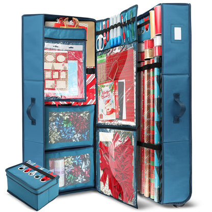 Hearth & Harbor Wrapping Paper Storage Container with Ribbon Dispenser and Interior Pockets - Large Christmas Storage Containers with Wheels, Fits 30 Rolls of 40" Length, Blue
