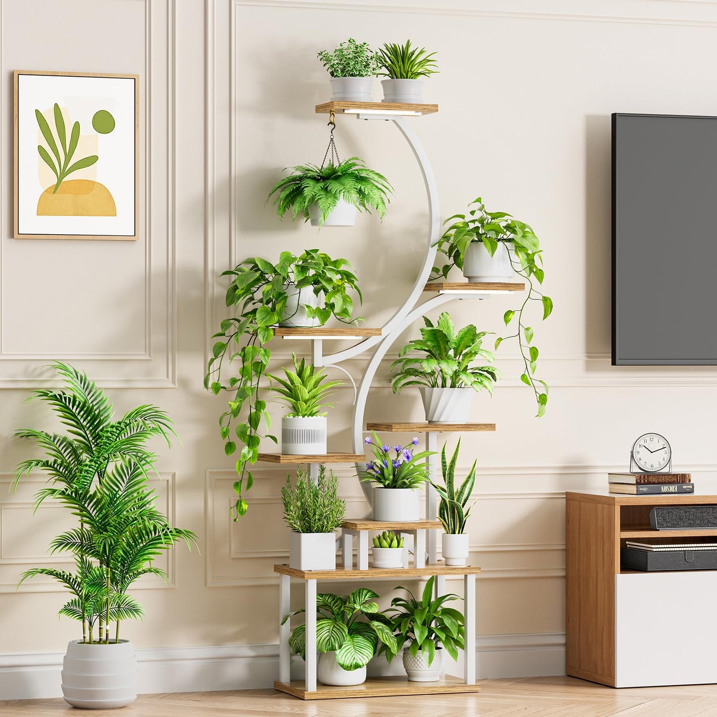 BACEKOLL 8-Tiered Plant Stand With Grow Lights - 62" Tall Indoor Shelf for Multiple Plants, Metal S-Shaped Flower Holder Rack for Home, Patio (White)