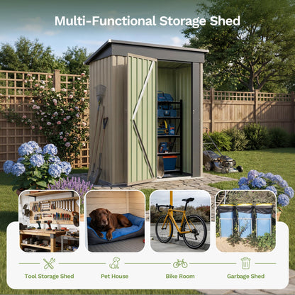 Greesum 5x3FT Outdoor Storage Shed with Base, Utility Tool Shed with Sloping Roof, Metal Storaged Garden Shed with Door & Lock for Patio Storage, Brown