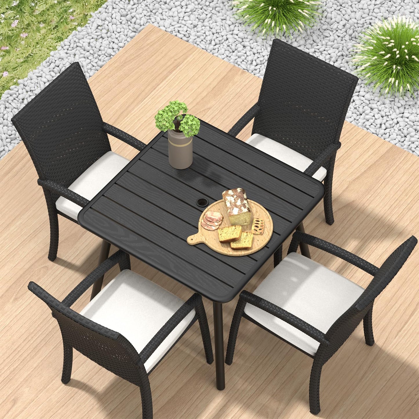 C-Hopetree Square Metal Outdoor Dining Table with Umbrella Hole for Outside Patio, Black