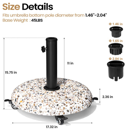 VredHom 45lbs Patio Umbrella Base with 4 Wheels, Round Cobblestone Concrete Stand, Heavy Duty Market Umbrella Stand for Outdoor