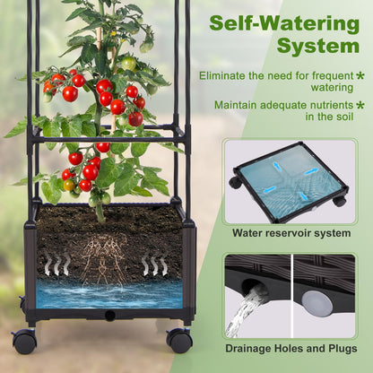 Giantex Raised Garden Bed with Tomato Cages, 67” Adjustable Height, Self Watering Planter Garden Box with Wheels, Trellis for Climbing Plants Vegetable Flower