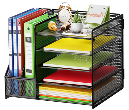 Marbrasse Desk Organizer with File Holder, 5-Tier Paper Letter Tray Organizer, Mesh Desk Organizers and Accessories with Magazine Holder, Desktop Storage for Office Supplies (Black)