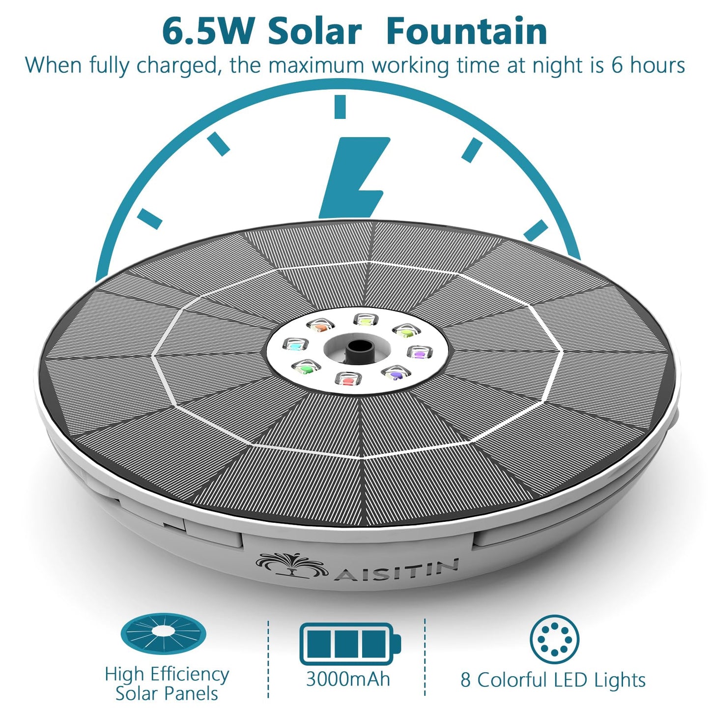 AISITIN 6.5W Solar Fountain for Bird Bath with 3000mAh Battery & Color Changing LED Light, 3 Anti-Drift Fixed Bracket & 8 Nozzles, Solar Water Fountain for Bird Bath, Garden, Pond, Patio, Courtyard