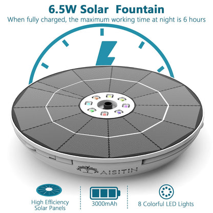 AISITIN 6.5W Solar Fountain for Bird Bath with 3000mAh Battery & Color Changing LED Light, 3 Anti-Drift Fixed Bracket & 8 Nozzles, Solar Water Fountain for Bird Bath, Garden, Pond, Patio, Courtyard